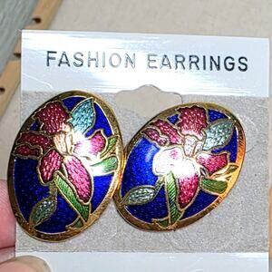 Vtg 1980s Cloisonne Floral Enamel Oval Pierced Earrings Cobalt Blue Gold Boho